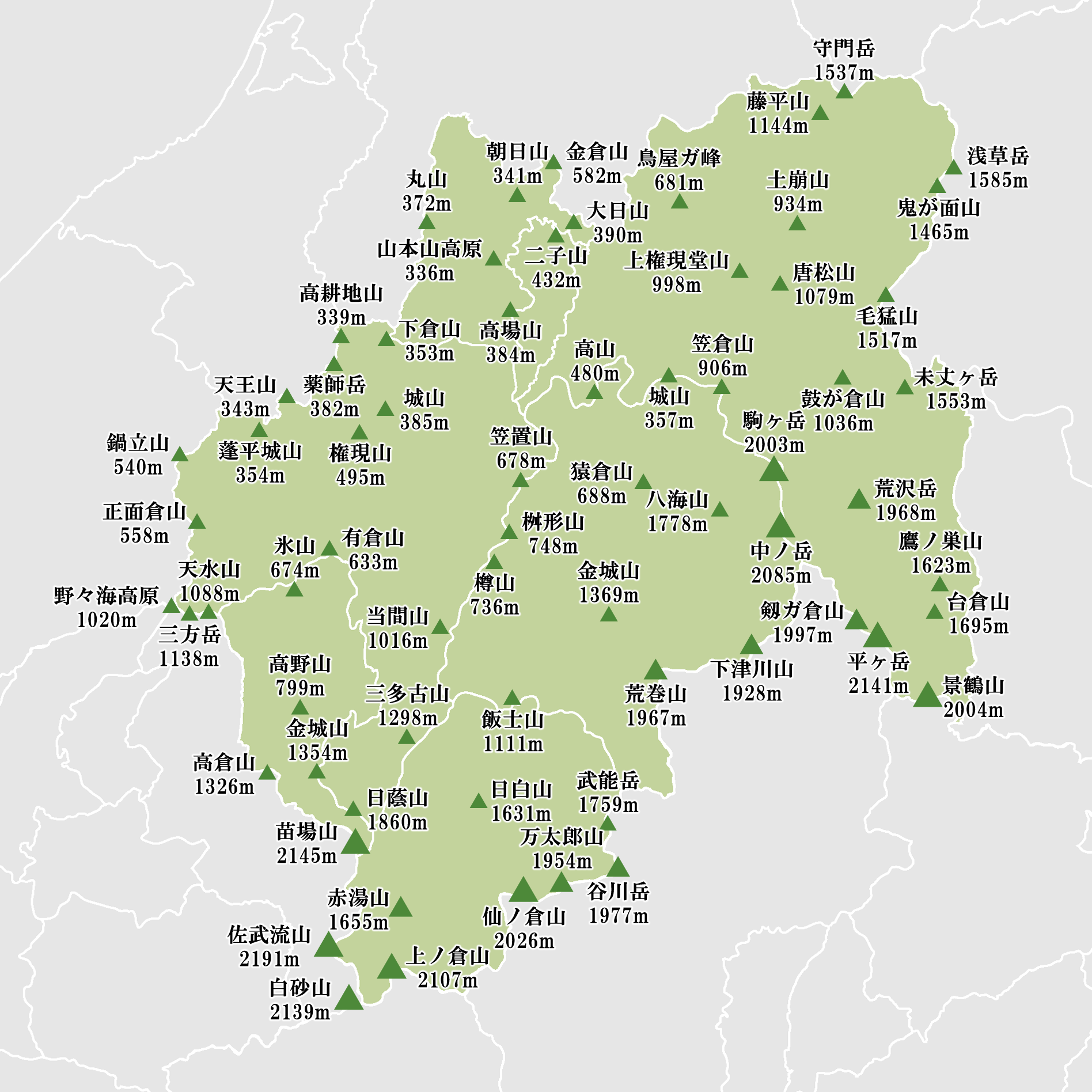 新潟県の魚沼地域を指す地図です。魚沼地域内の山の位置を示しています。
