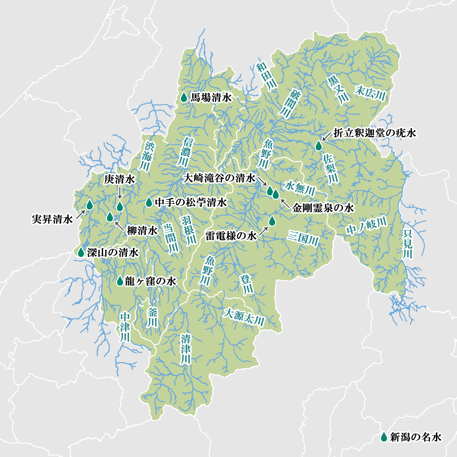 新潟県の魚沼地域を指す地図です。魚沼地域内の川の位置を示しています。